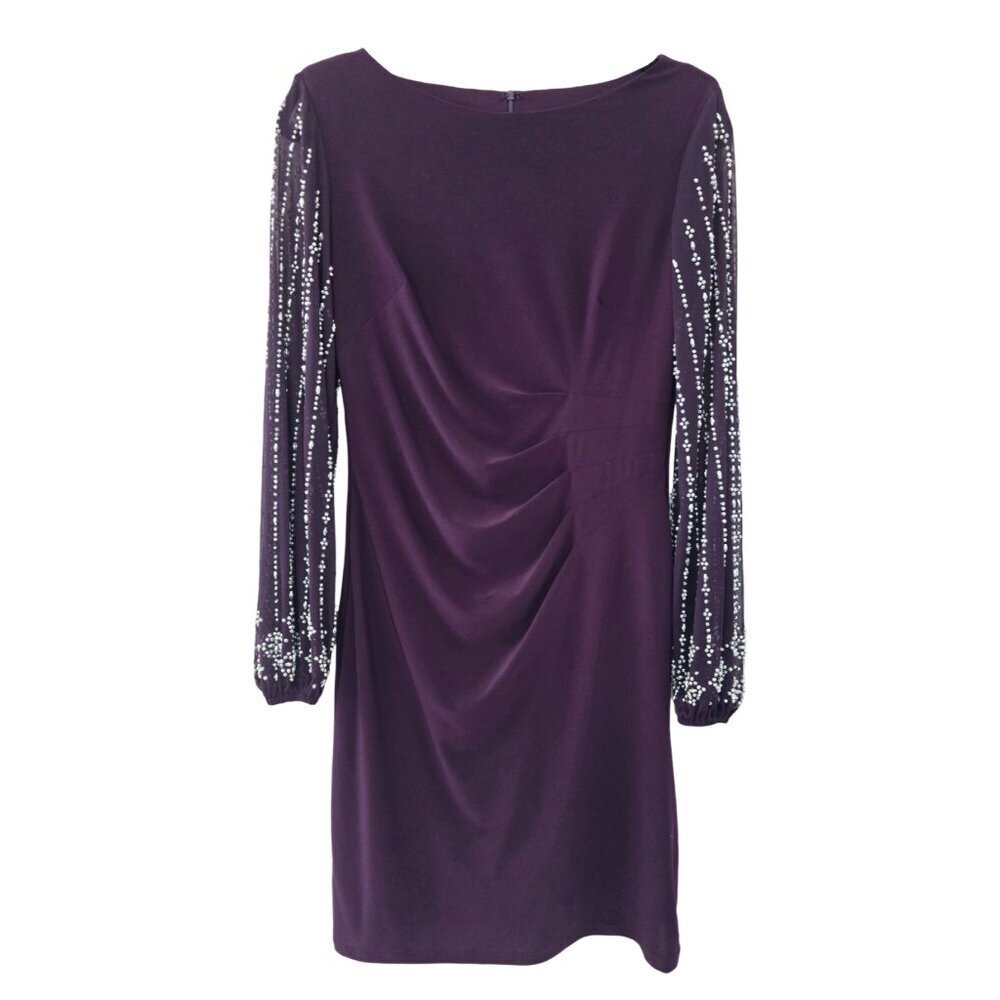 Marina Beaded Mesh Long Sleeve Side Drape Cocktail Dress Size 6 Plum Stretch - Picture 3 of 8